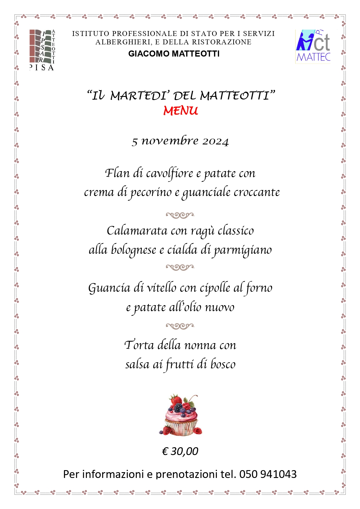 Menu del ristorante didattico 5 novembre